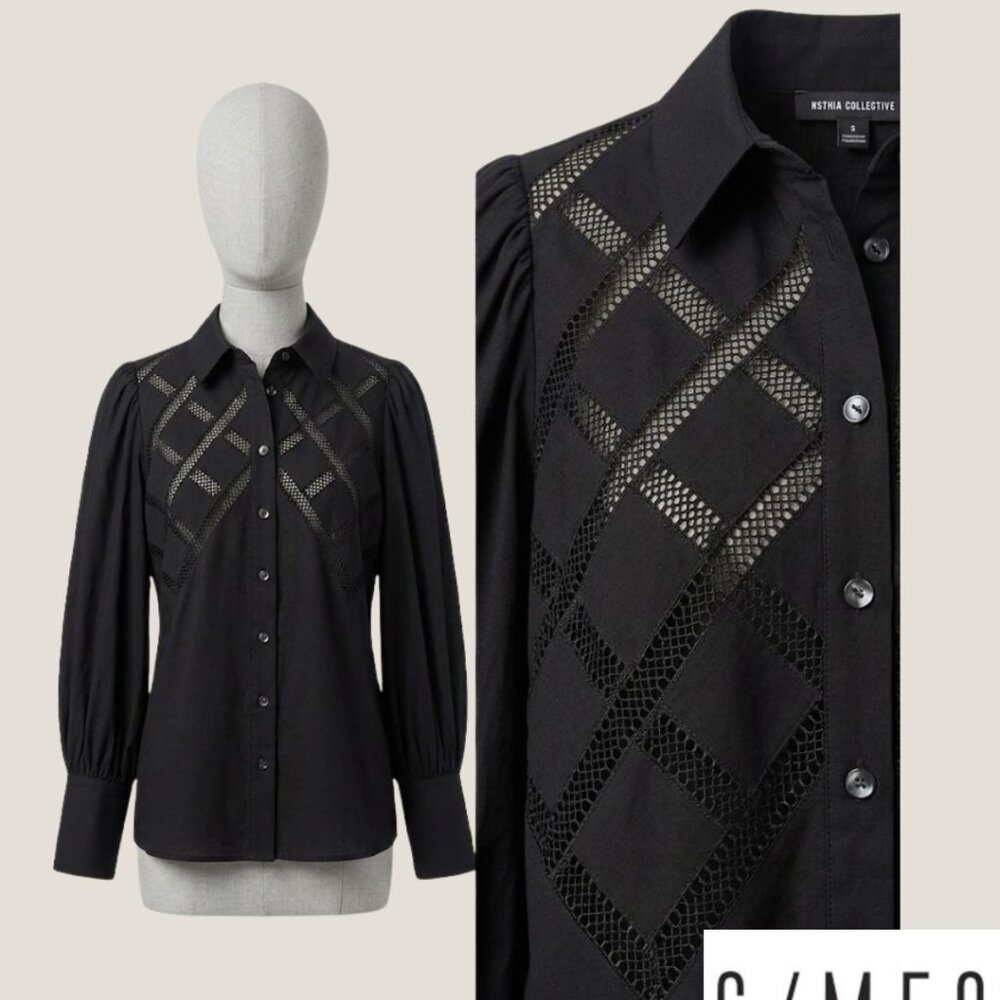 C/Meo Collective Black Lattice Eyelet Lace Button-Down Blouse - Size S